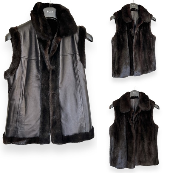 LIKE NEW Real Mink Fur Reversible Black Leather Vest - Picture 1 of 9